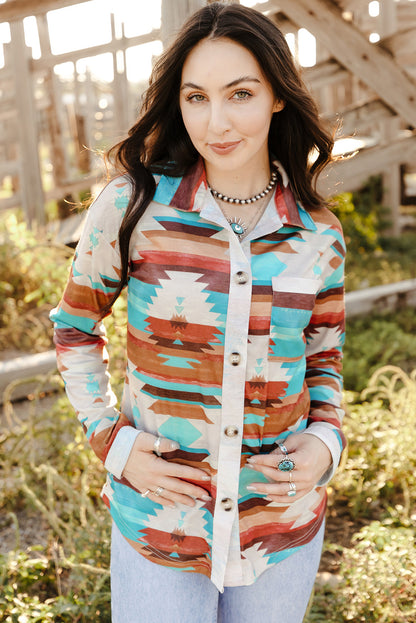 Aztec Print Buttoned Pocket Chest Long Sleeve Shirt | Multicolour