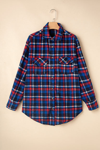 Plaid Flap Pocket Button Up Shacket | Navy Blue