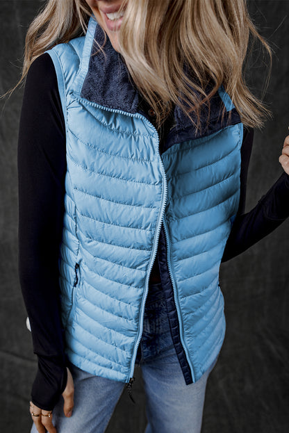 Plush Collared Quilted Zipped Puffer Vest | Sky Blue