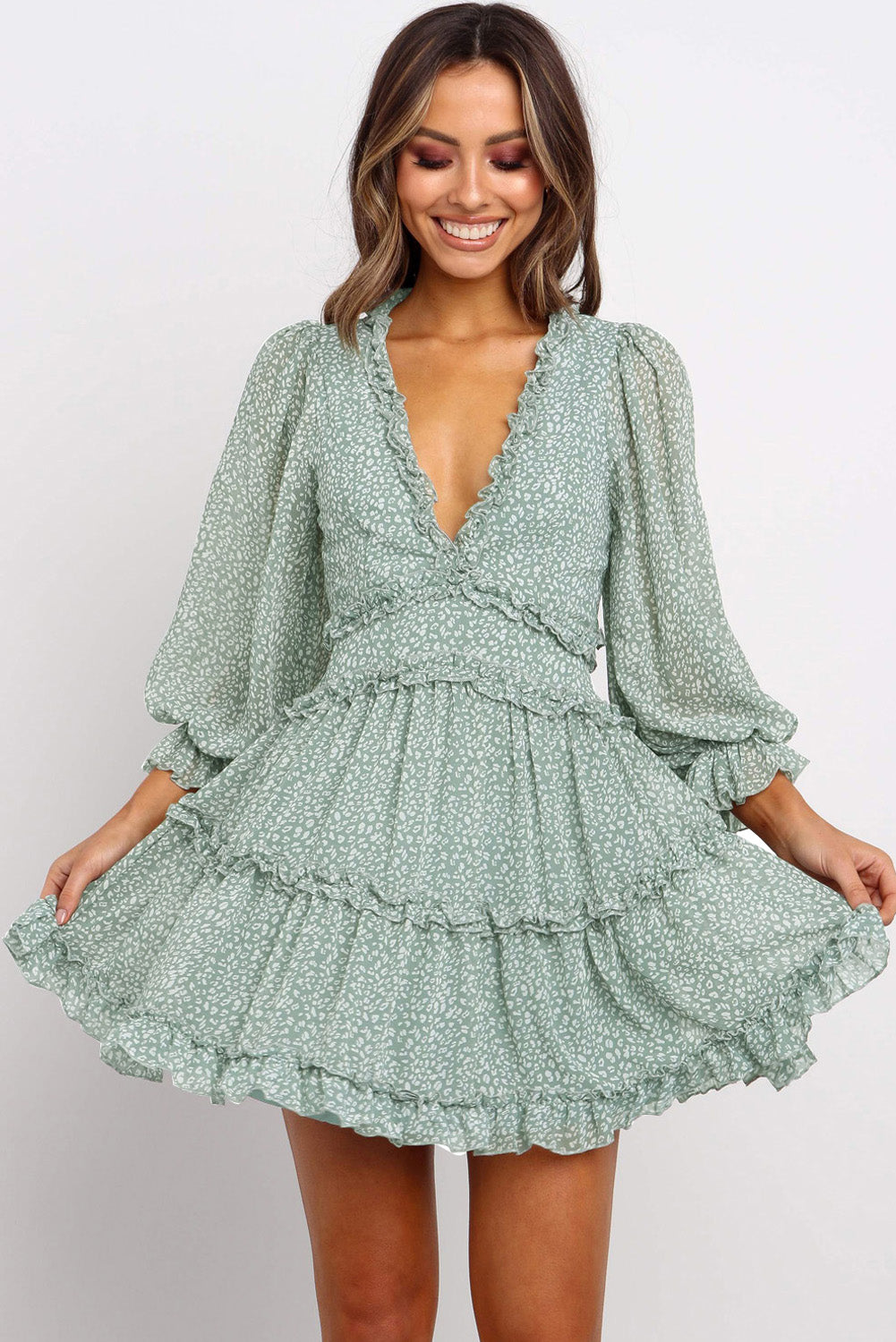 Ruffle Detailing Open Back Floral Dress | Green