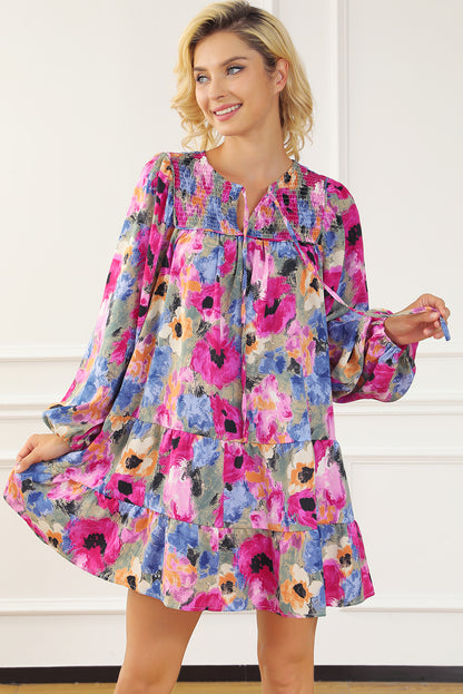 Floral Tie Neck Bubble Sleeve Shift Dress | Multicolour