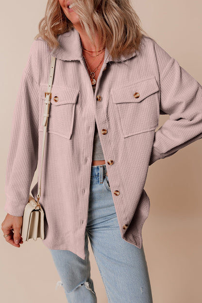 Corduroy Flap Pocket Button Up Shacket | Light Pink