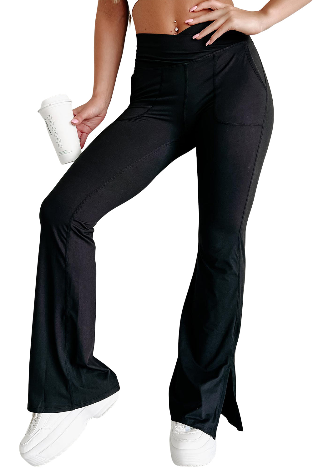 Cross Waist Pocketed Split Hem Flared Leggings | Black