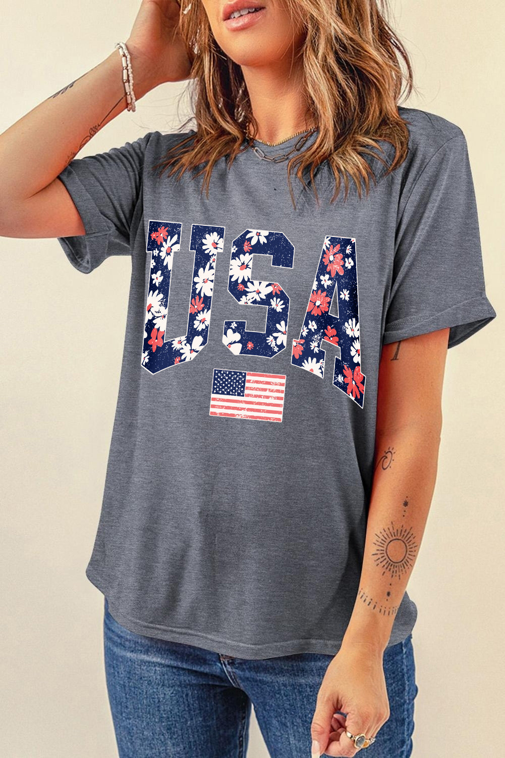 Blooming Usa Flag Print Casual T Shirt | Gray