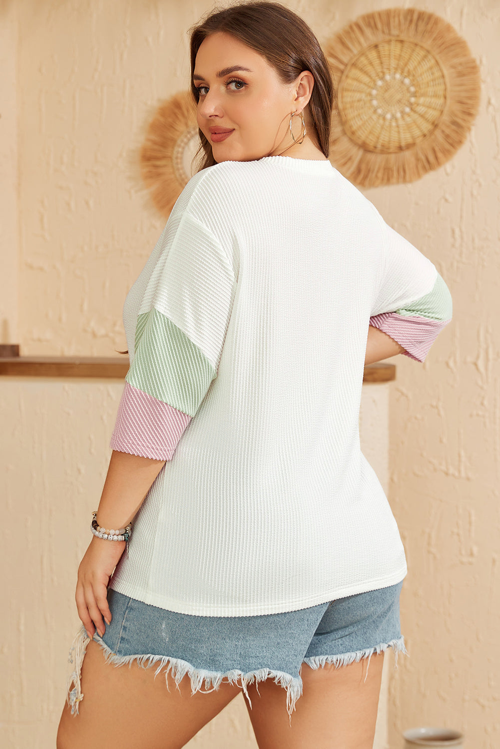 Textured Colourblock Patchwork Half Sleeve Plus T Shirt | White