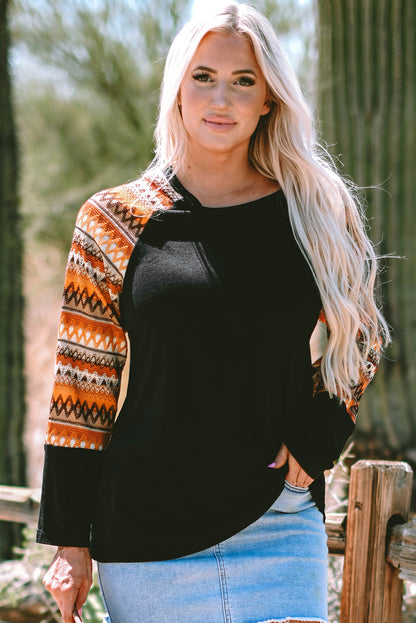 Geo Print Raglan Patchwork Long Sleeve Tee | Orange