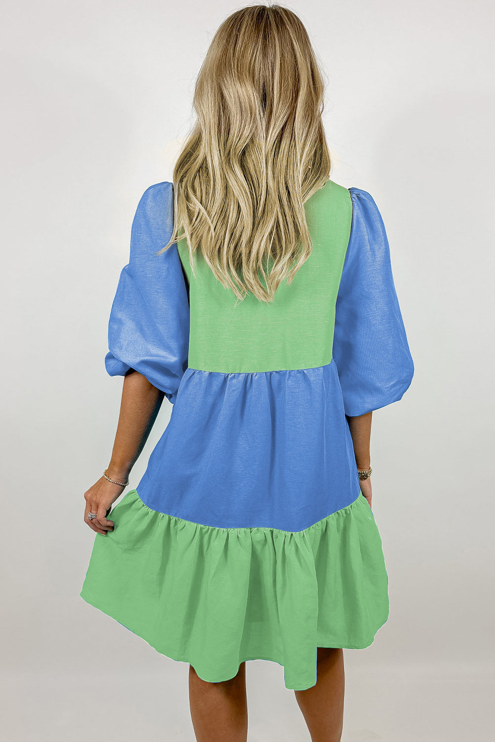 Colourblock Frilled V Neck Puff Half Sleeve Shift Dress | Dark Blue