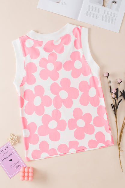 Cute Flower Knitted V Neck Tank Top | Pink