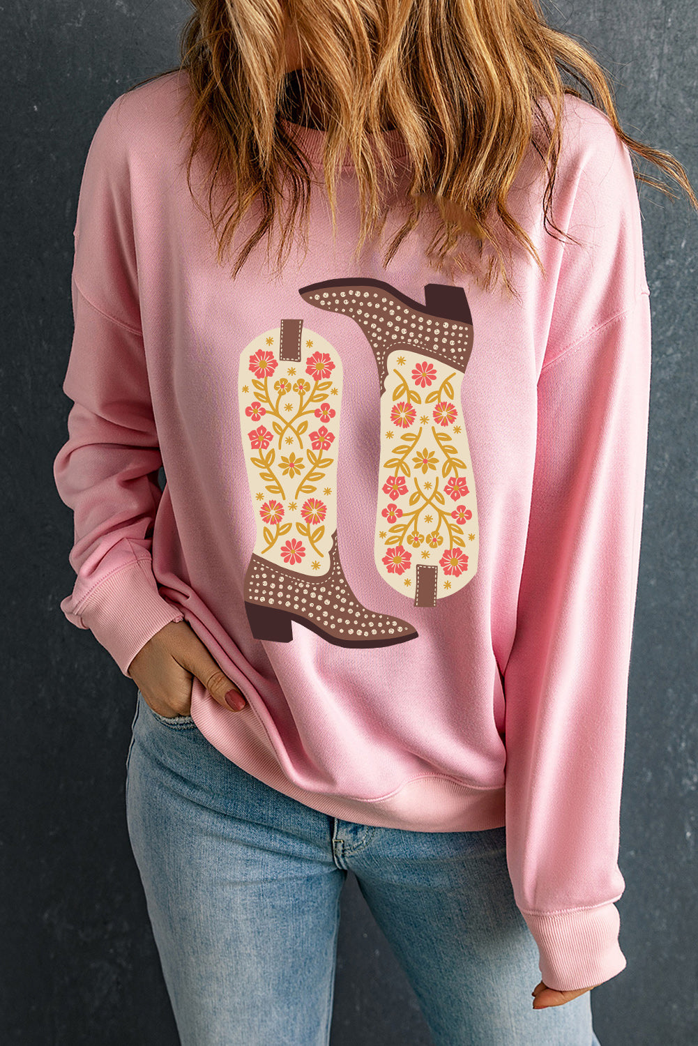 Floral Cowgirl Boots Graphic Drop Shoulder Sweatshirt | Pink