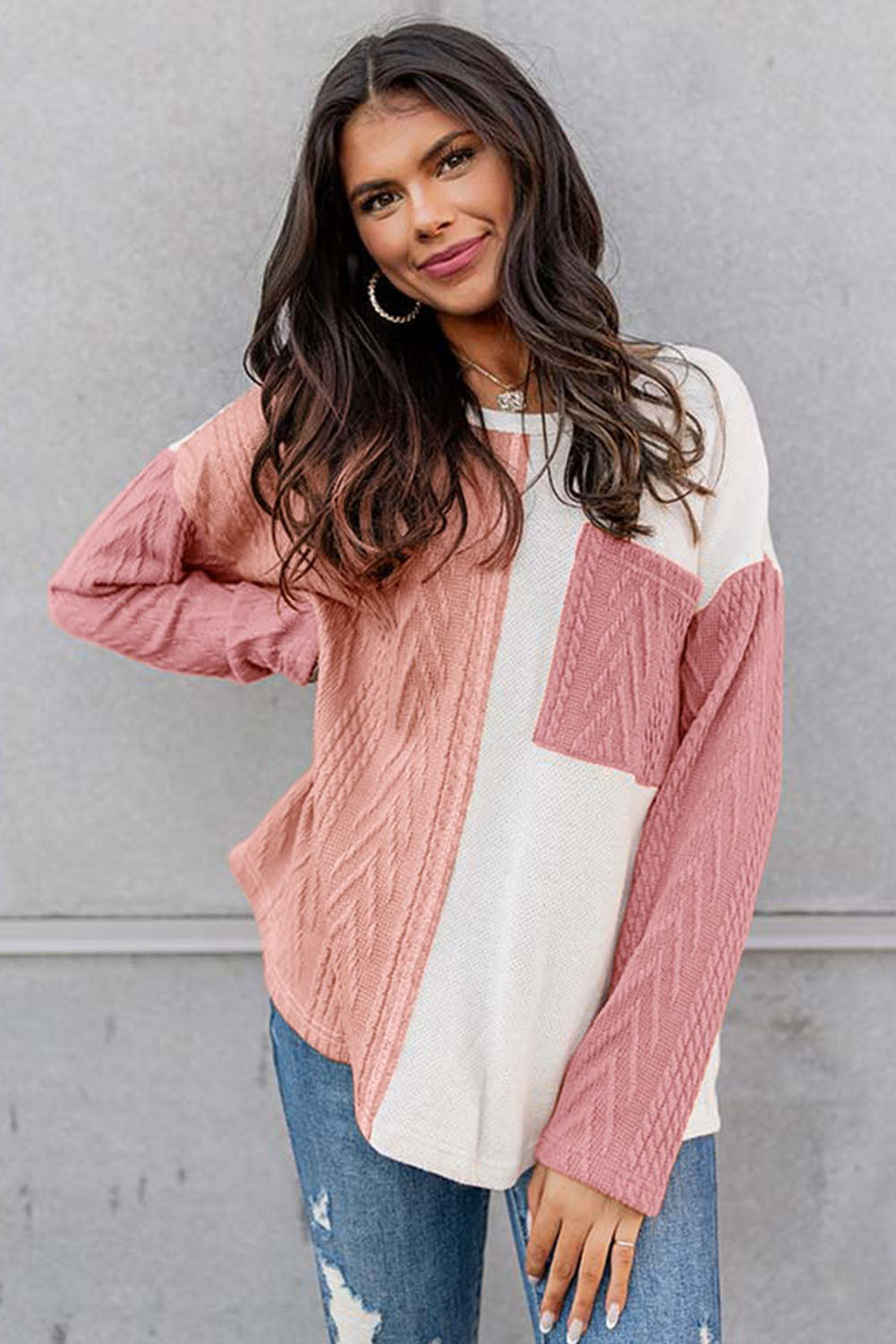 Long Sleeve Colourblock Chest Pocket Textured Knit Top | Peach Blossom