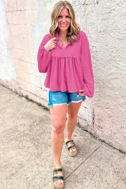 Corded Turn-Down V Neck Bubble Sleeve Babydoll Blouse | Bright Pink