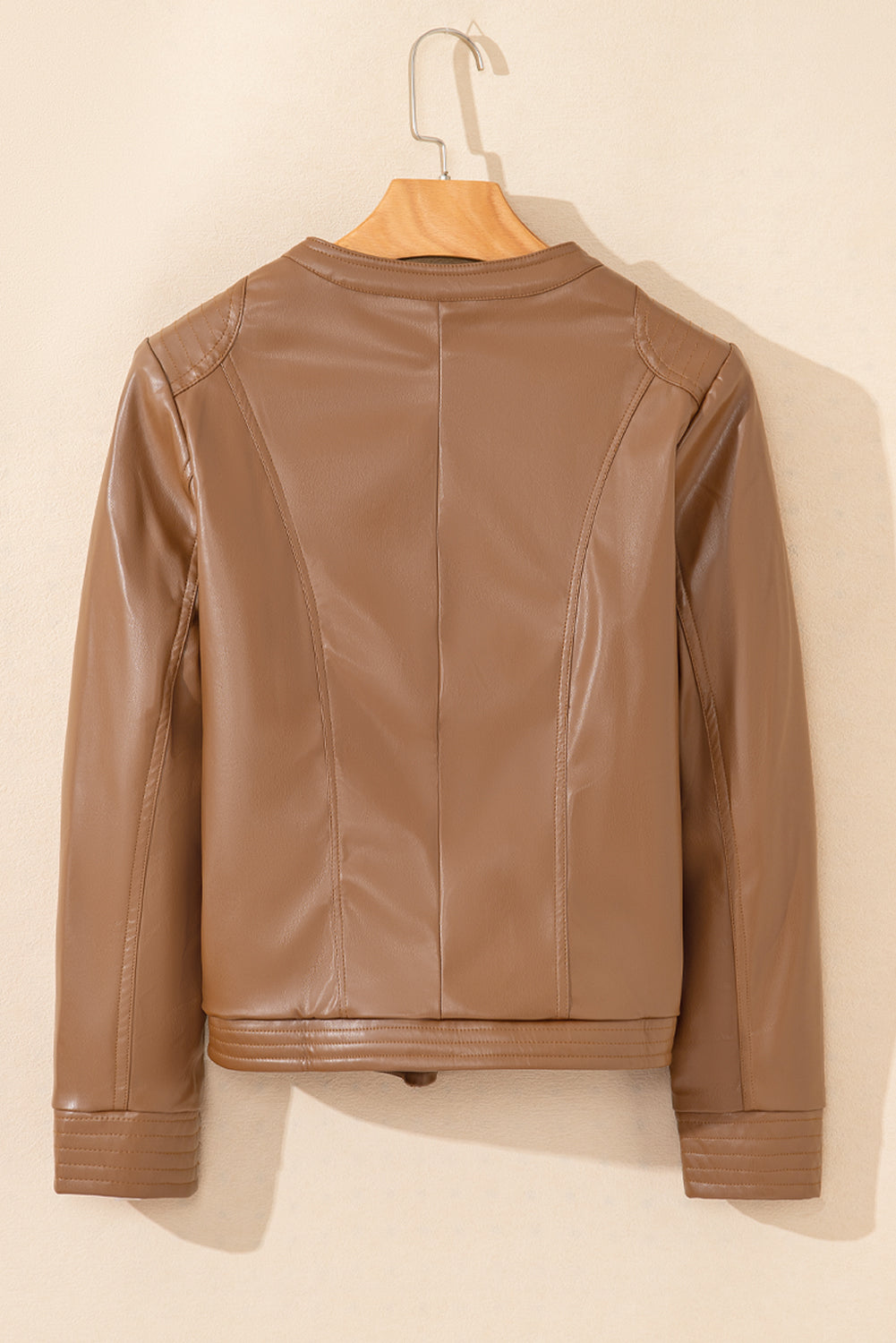 Solid Faux Leather Zipper Slim Fit Bomber Jacket | Chestnut