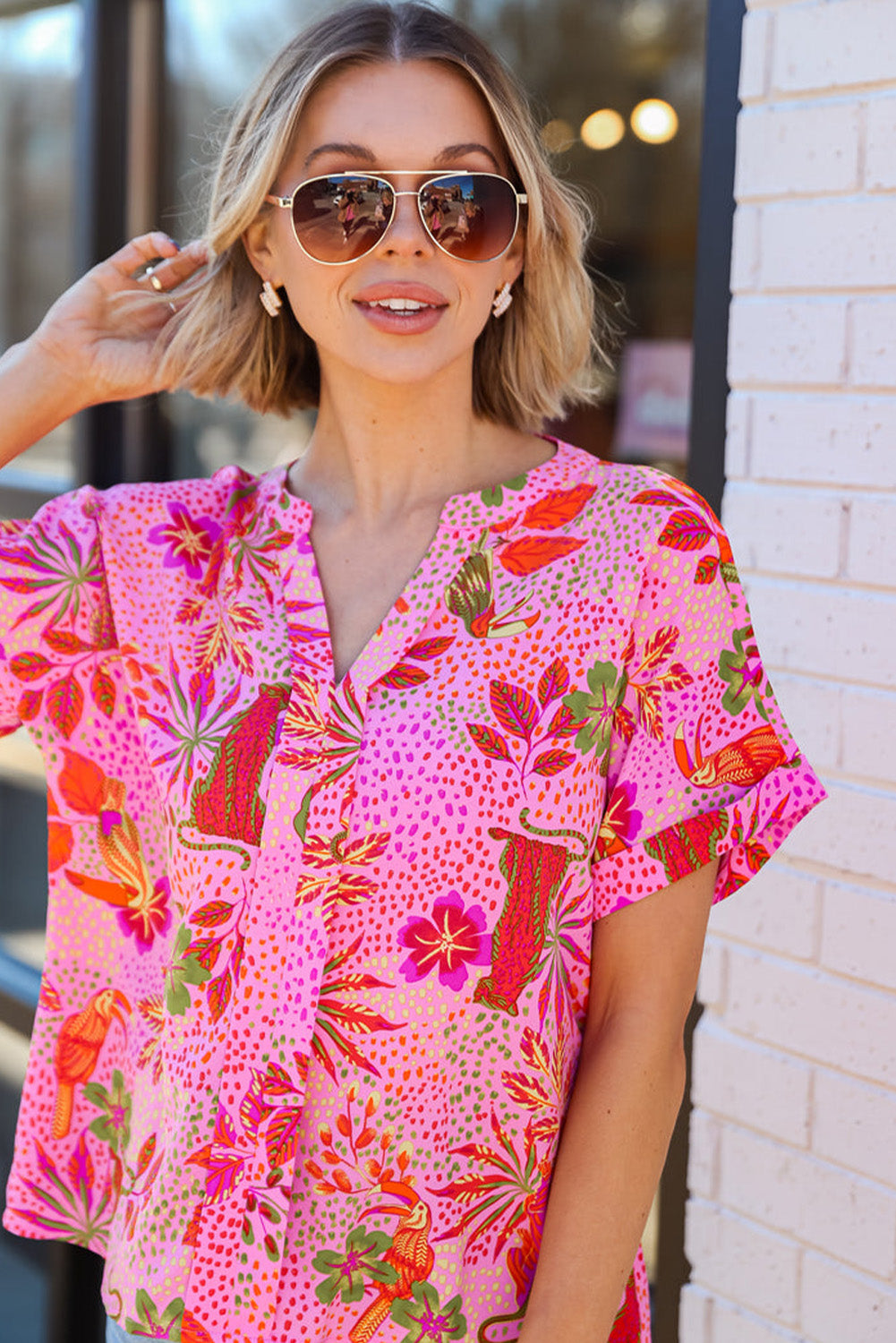 Jungle Floral Print Notch V Neck Blouse | Rose