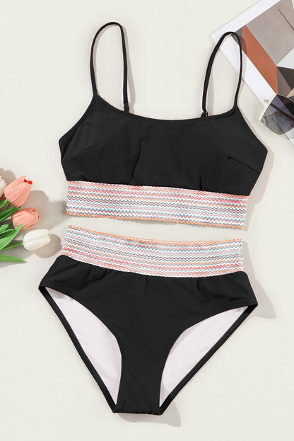 Striped Patchwork Spaghetti Strap High Waist Bikini Swimsuit | Black