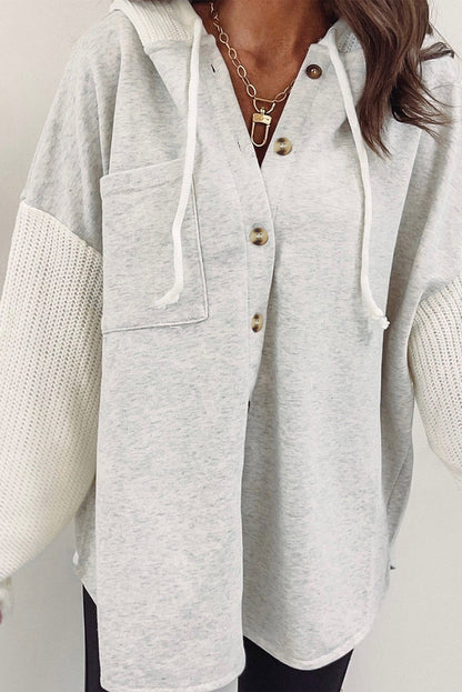 Button Up Contrast Knitted Sleeves Hooded Jacket | Gray