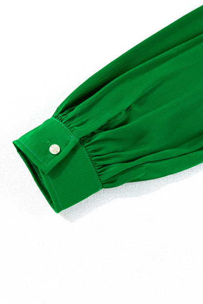 Solid Colour Flowy Balloon Sleeve Tie Front Buttoned Shirt | Dark Green