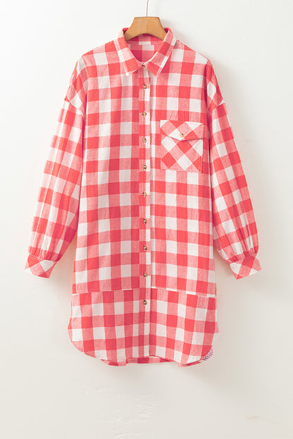 Oversized Plaid Puff Sleeve Round Hem Shirt Dress | Pink