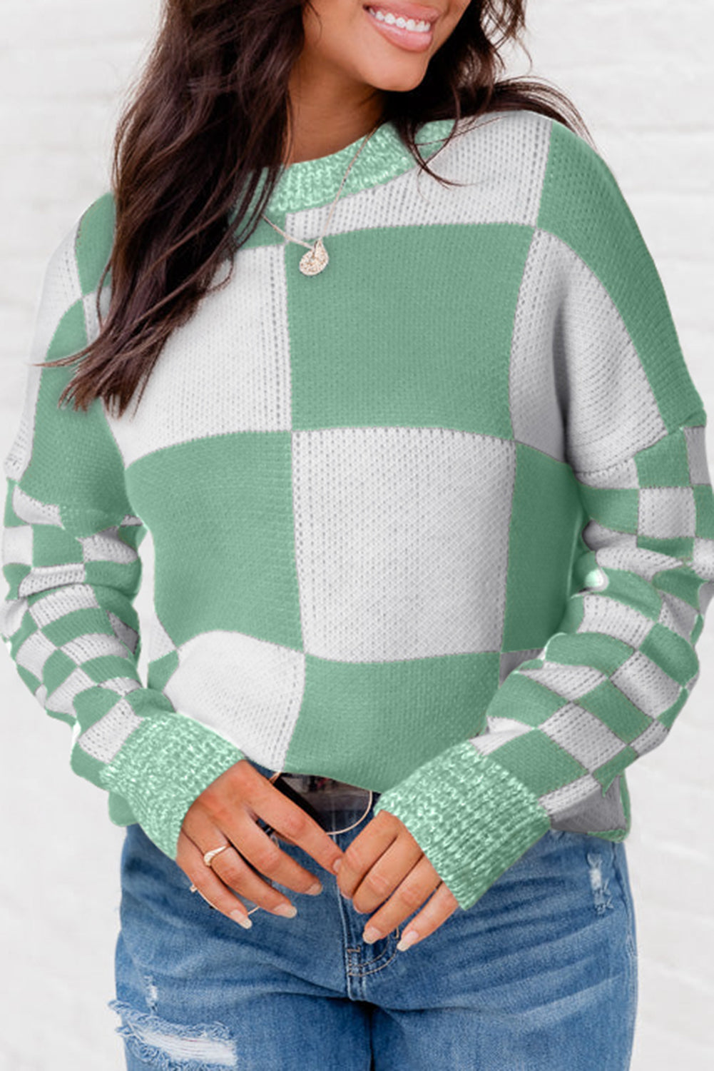 Checkered Print Drop Shoulder Sweater | Mint Green