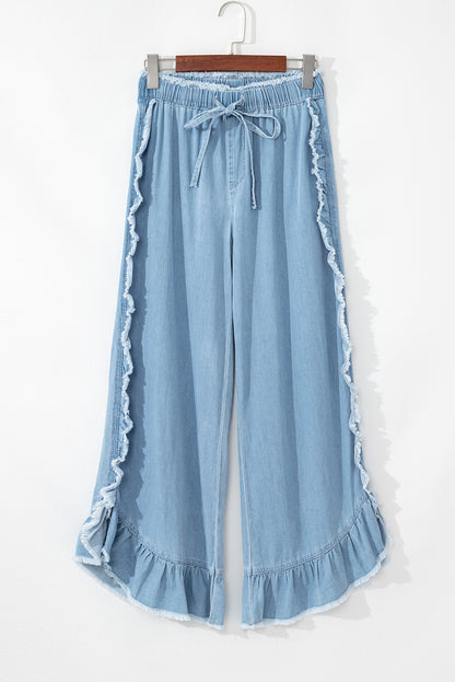 Light Wash Raw Hem Ruffled Wide Leg Jeans | Myosotis