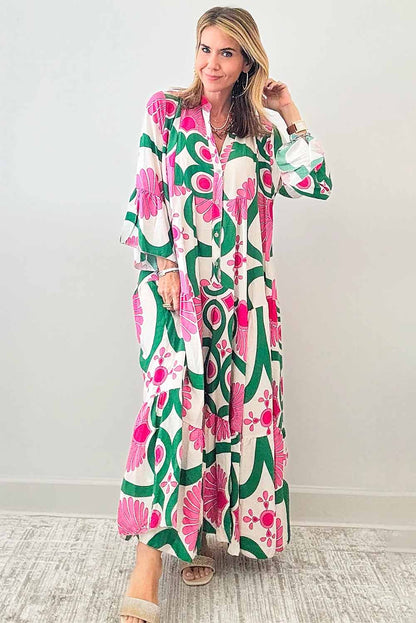 Boho Floral Printed Long Sleeve Buttoned Loose Maxi Dress | Pink