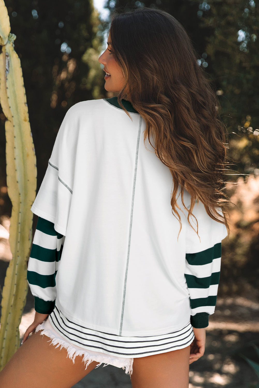 Colourblock Sleeve Exposed Seam Fake-2-Piece Sweatshirt | White Stripe