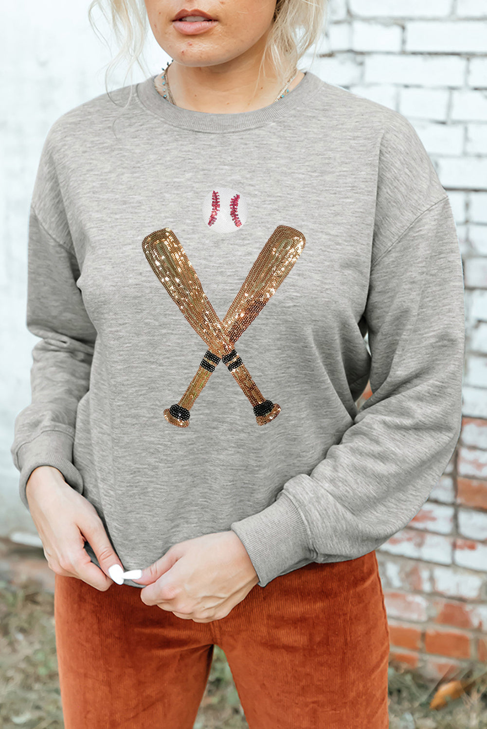 Sequin Baseball Graphic Crewneck Game Day Sweatshirt | Gray