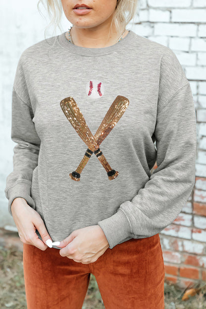 Sequin Baseball Graphic Crewneck Game Day Sweatshirt | Gray