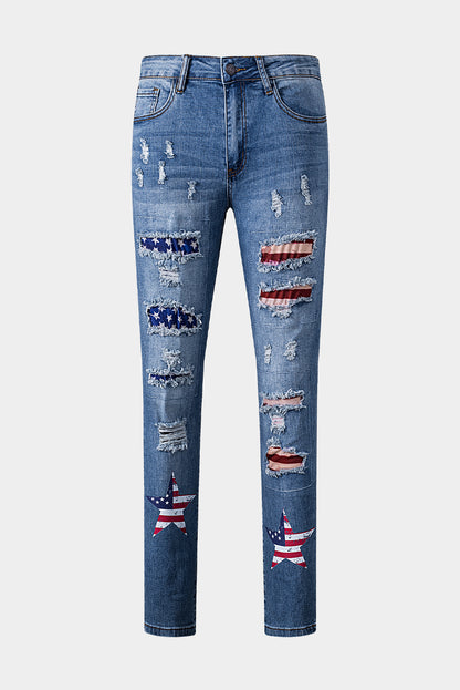 American Flag Patched Distressed Jeans | Sky Blue