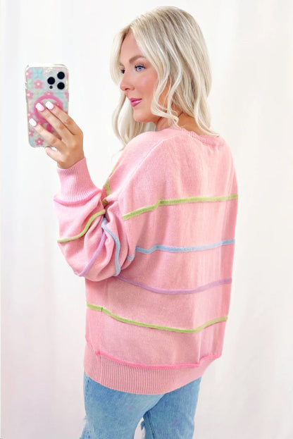 Rainbow Stripes Drop Shoulder Baggy Henley Sweater | Pink