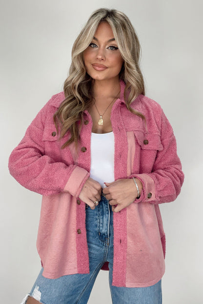 Colourblock Buttoned Flap Pocket Sherpa Shacket | Pink