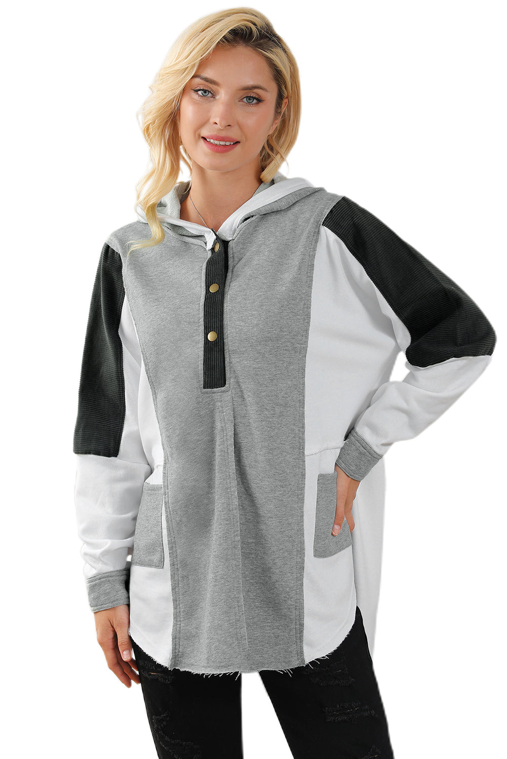 Colour Block Exposed Seam Buttoned Neckline Hoodie | Gray