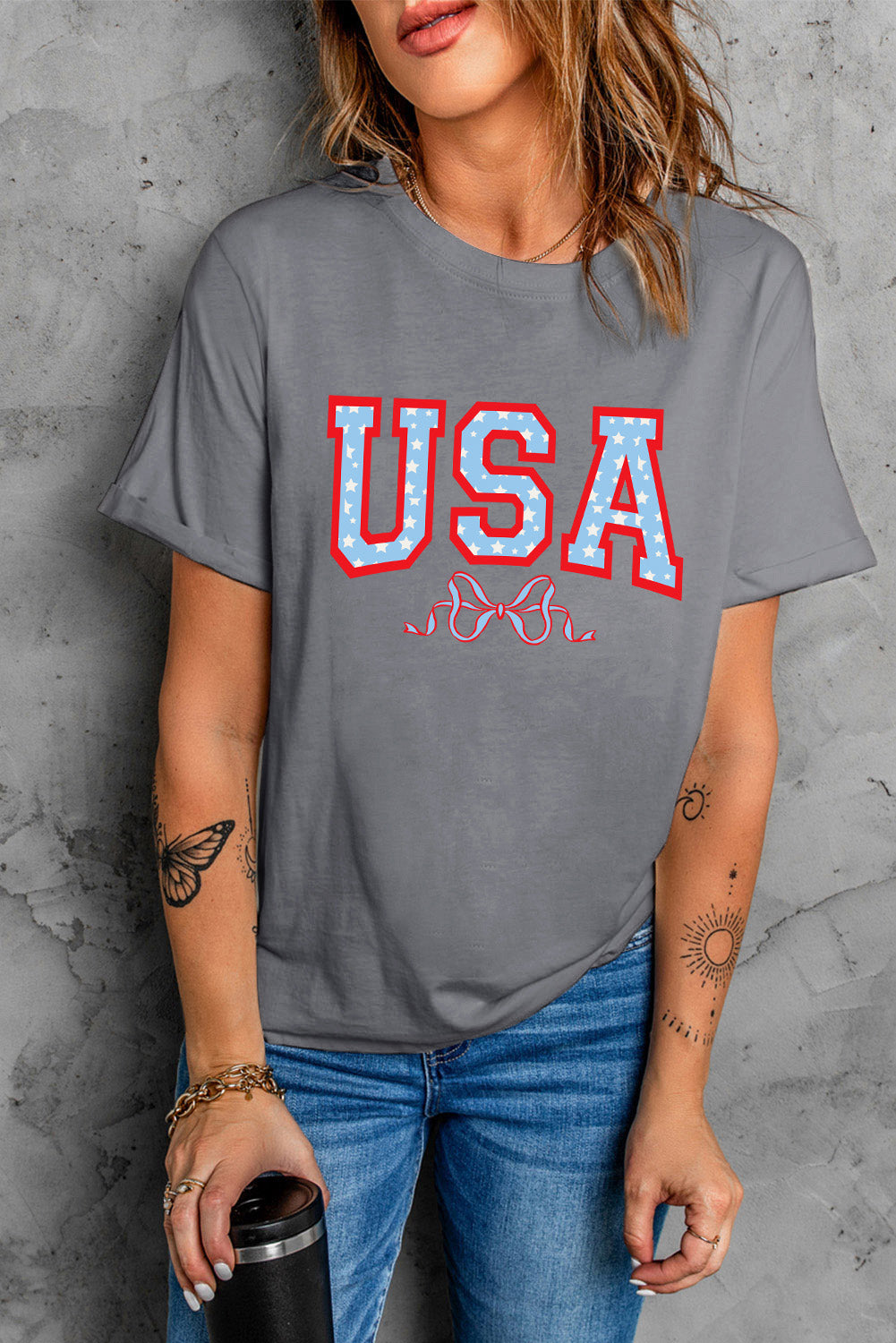 Usa Star Bow Knot Print Crew Neck T Shirt | Gray