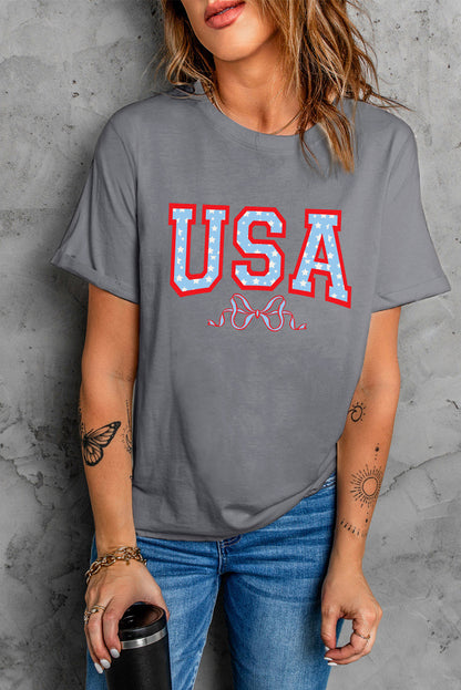 Usa Star Bow Knot Print Crew Neck T Shirt | Gray