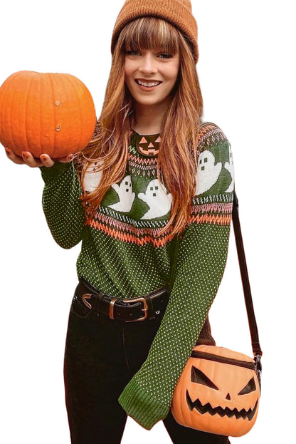 Halloween Ghost Pattern Drop Shoulder Sweater | Jungle Green