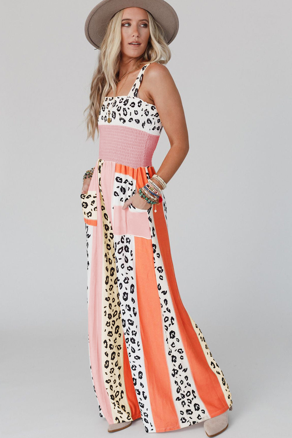 Leopard Colour Block Mix Print Pocketed Jumpsuit | Pink