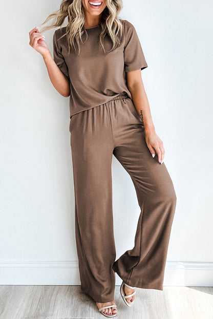 Solid Colour T Shirt 2 Piece Wide Leg Pants Set | Smoke Gray