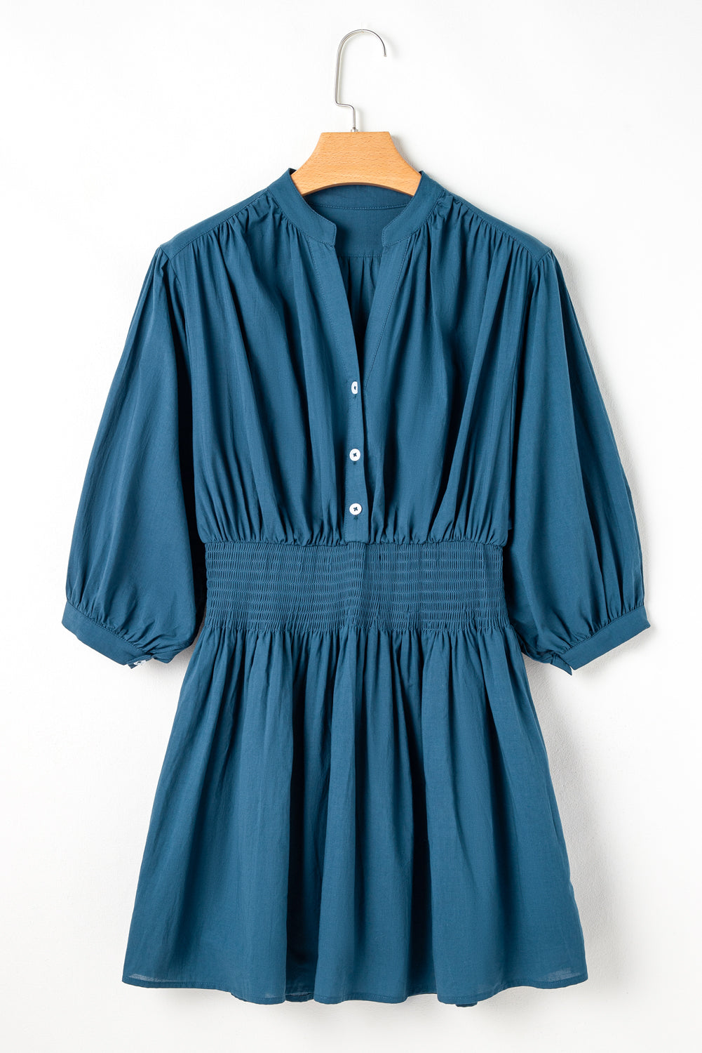 3/4 Sleeve Shirred High Waist Buttoned Mini Dress | Prussian Blue