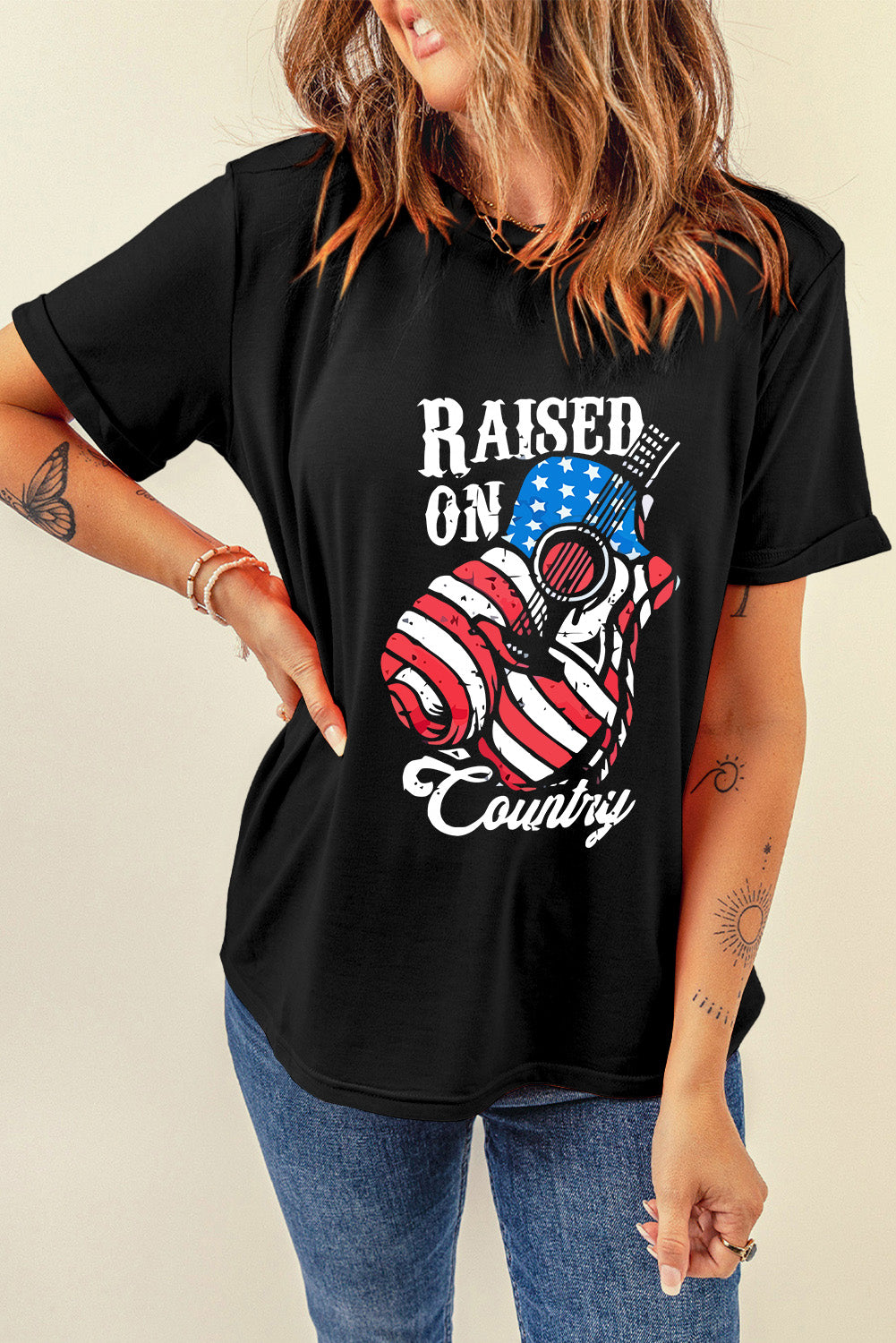 Raised On Country Usa Flag Guitar Graphic Tee | Black