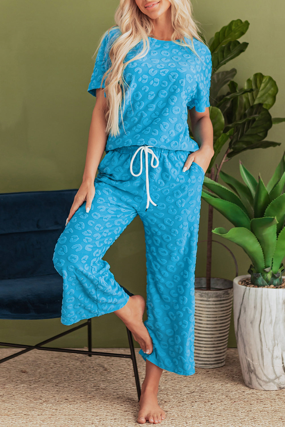 Leopard Jacquard Short Sleeve Top And Wide Leg Pants Set | Blue