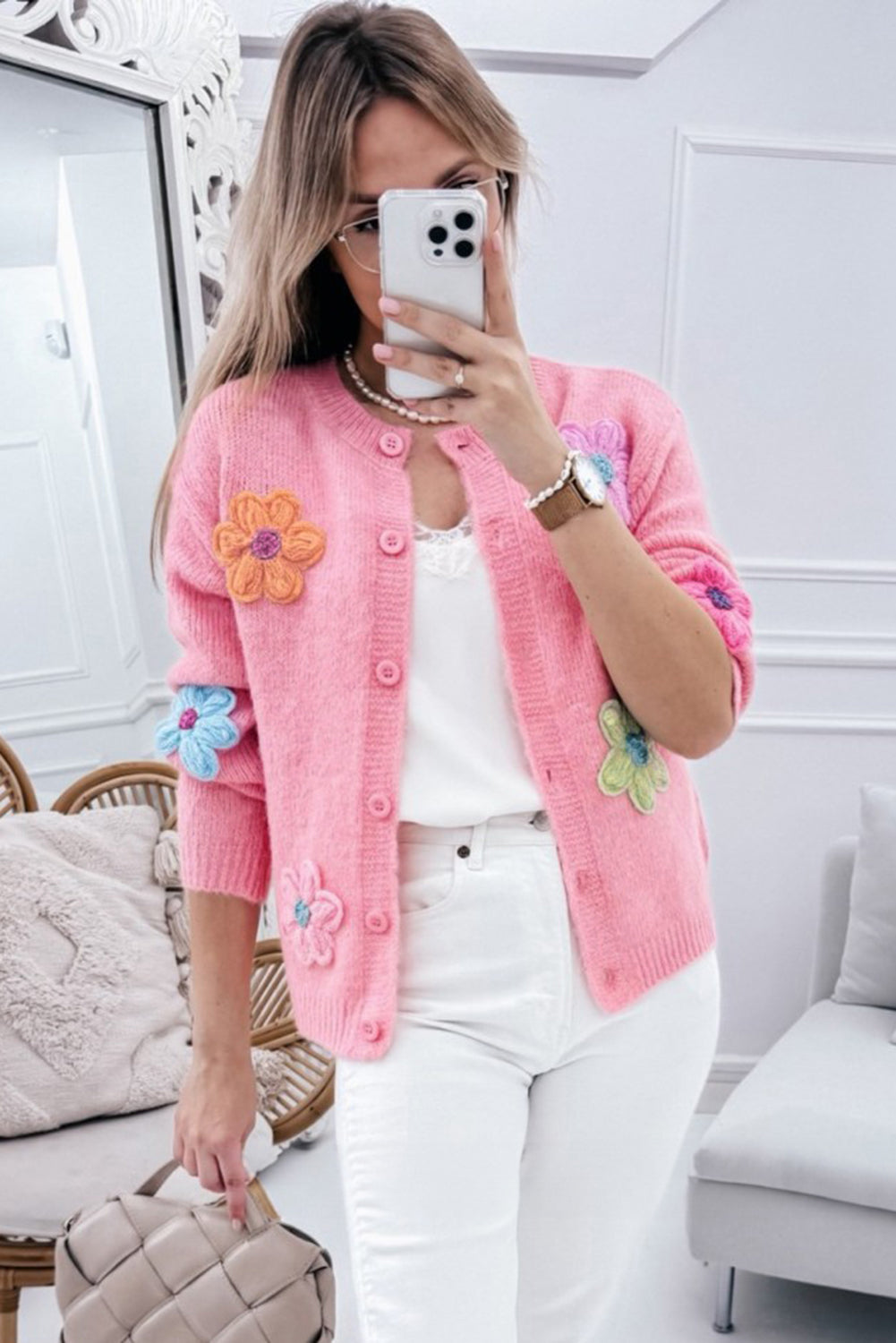 Cute Knitted Floral Pattern Button Up Cardigan | Pink