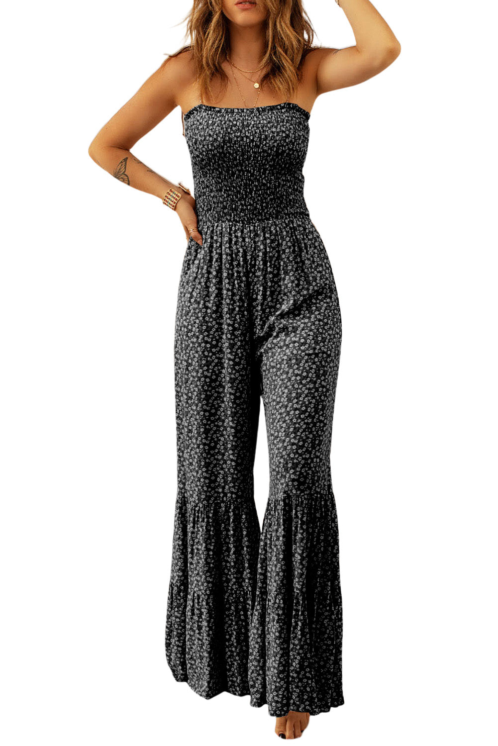 Thin Straps Smocked Bodice Wide Leg Floral Jumpsuit | Black