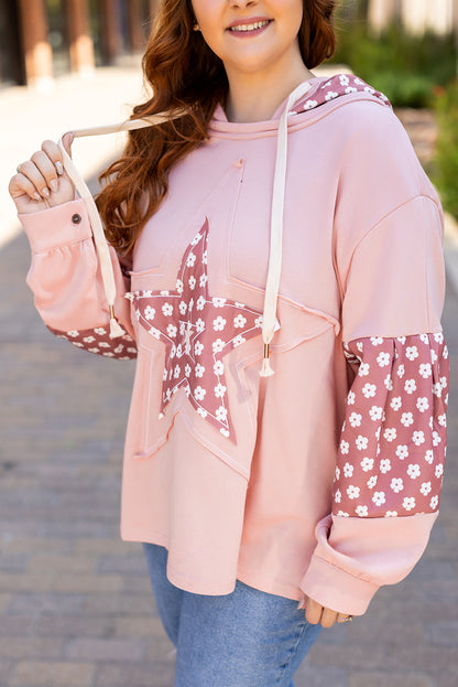 Star Patch Graphic Floral Colour Block Drawstring Plus Size Hoodie | Delicacy