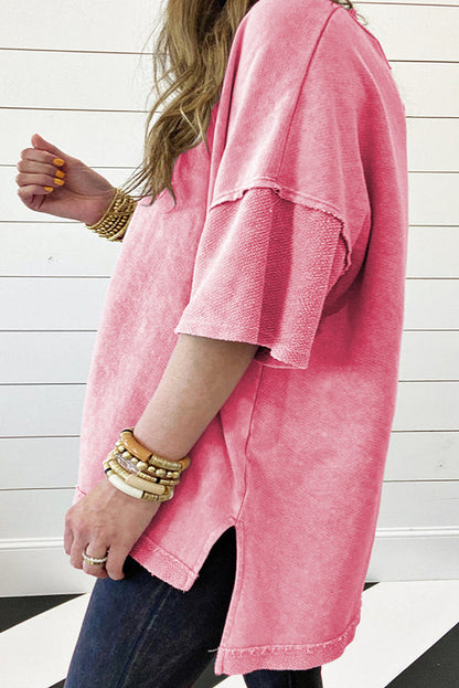 Mineral Wash Drop Sleeve Patchwork Plus Tee | Strawberry Pink