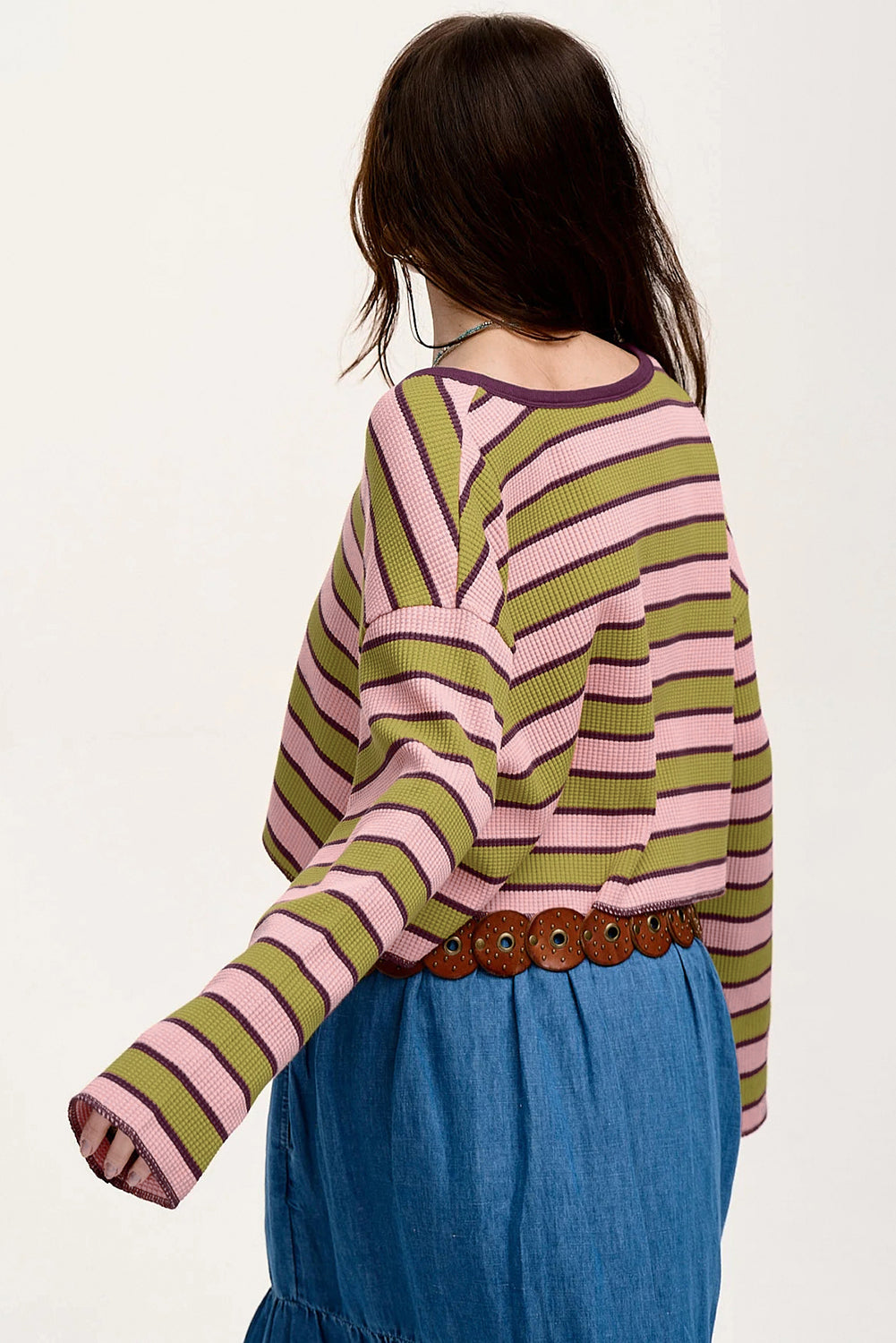 Clashing Stripes Waffle Texture Notched Neck Long Sleeve Top | Spinach Green