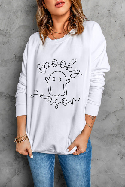 Cute Ghost Spooky Season Graphic Halloween Sweatshirt | Beige