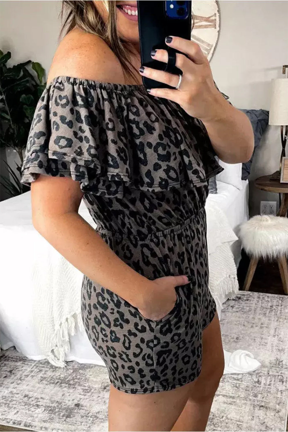 Leopard Off-Shoulder Romper With Pockets | Gray