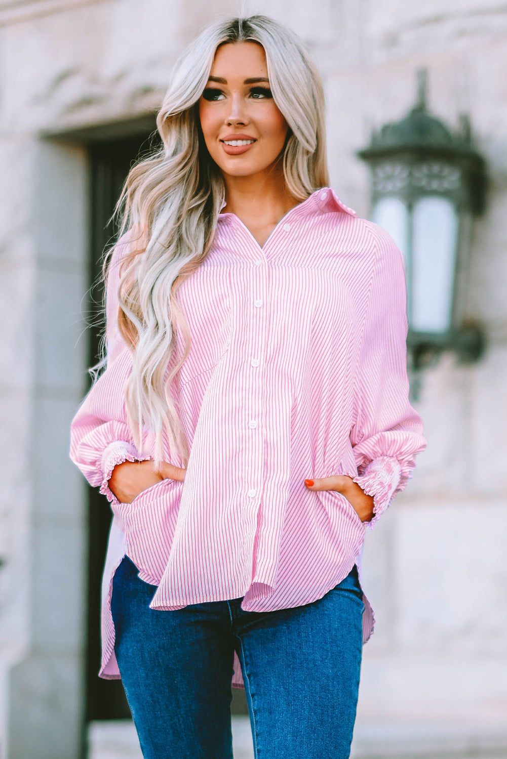 Smocked Cuffed Striped Boyfriend Shirt With Pocket | Pink