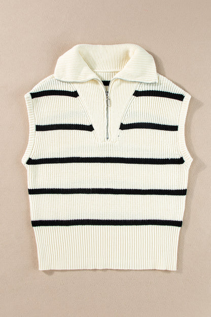 Zipped Collar Cap Sleeve Knit Top | White Stripe