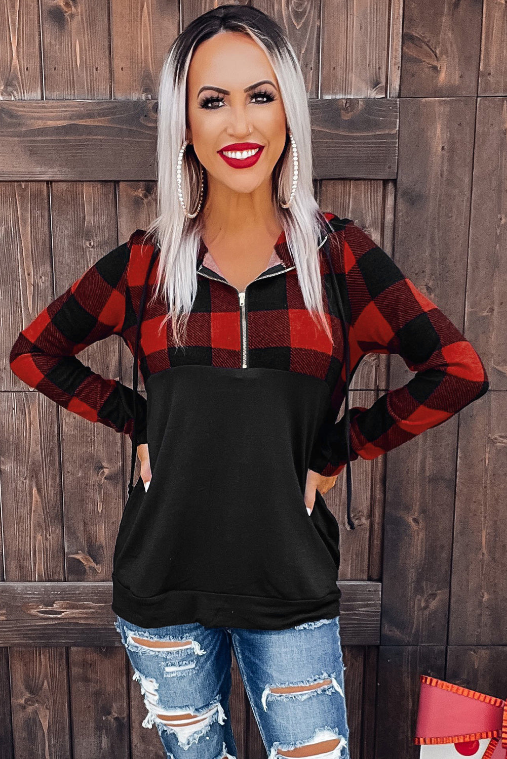 Contrast Buffalo Plaid Zip Pullover Hooded Top | Black