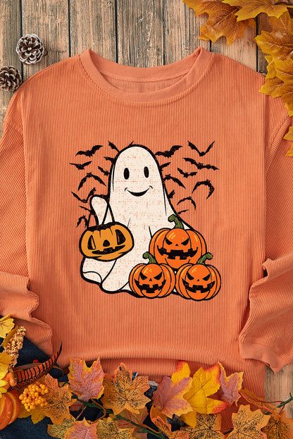 Halloween Ghost Pumpkin Bat Print Corded Pullover Sweatshirt | Orange